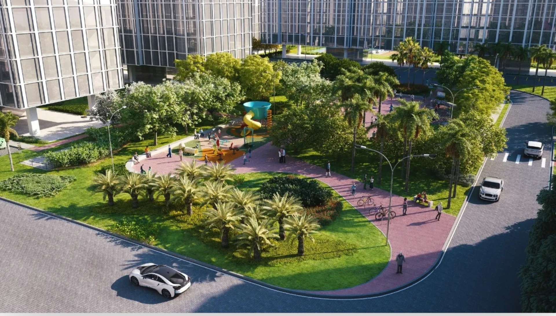 Praça interna com paisagismo
